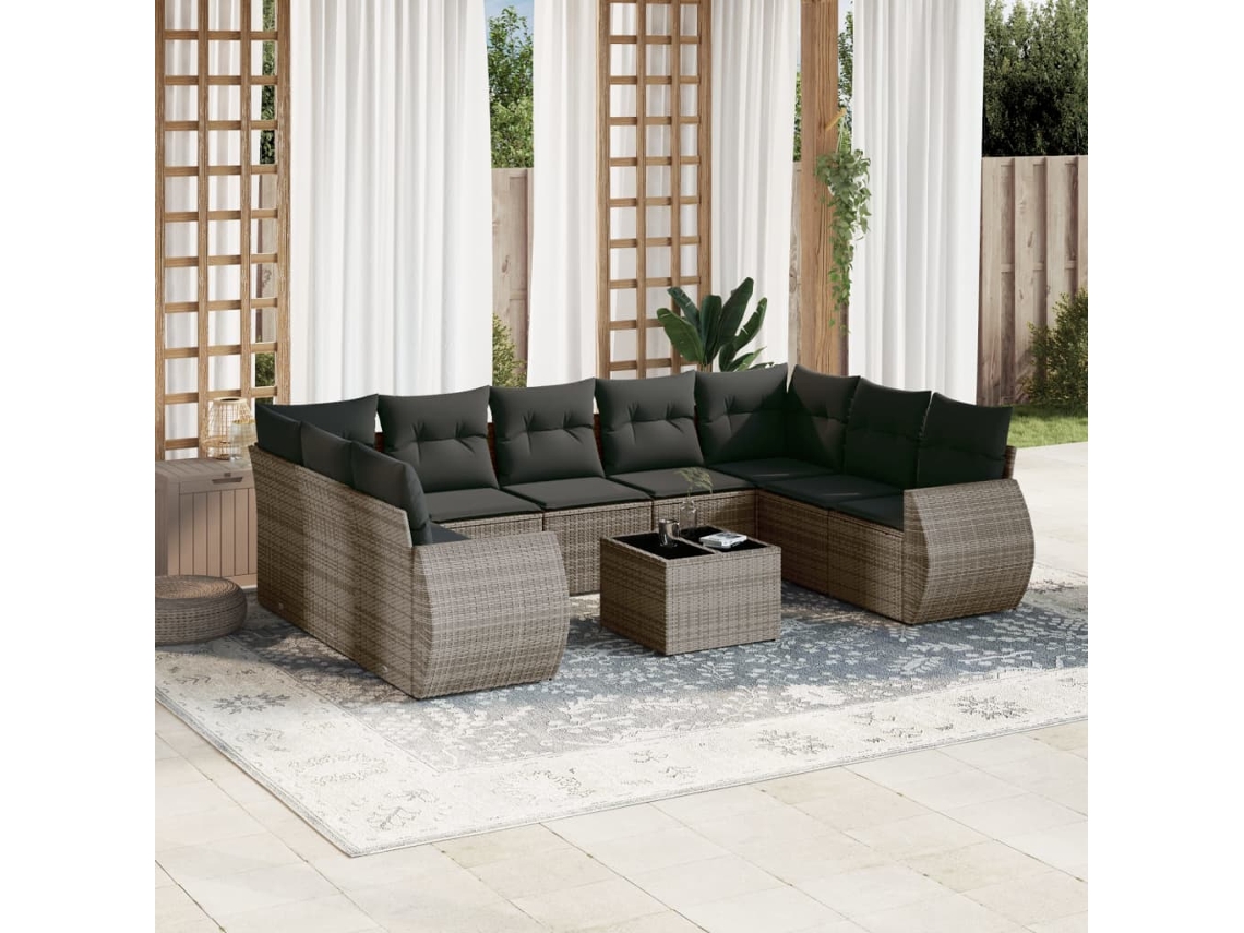 Vidaxl 10 Pcs Conjunto Sofás De Jardim C/ Almofadões Vime Pe Cinzento