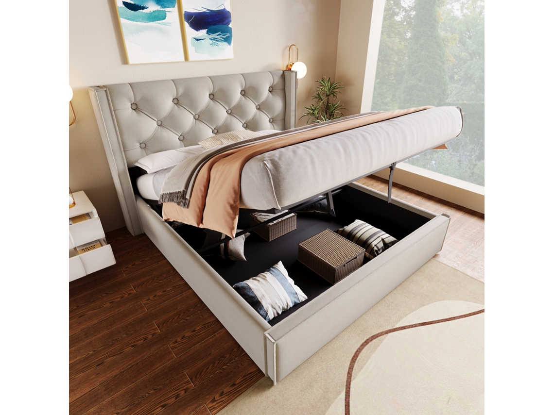Cama 140x200 Cinza Claro Com Arrumação