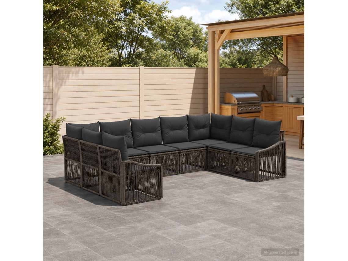 Vidaxl Conjunto De Sofá De Jardim 9 Unid. Cinzento Vime Pe