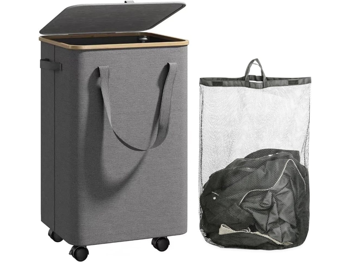 Cesto De Roupa Suja Grande Com Rodas, Dobrável De 70 Litros Com Tampa E Saco Interno Removível