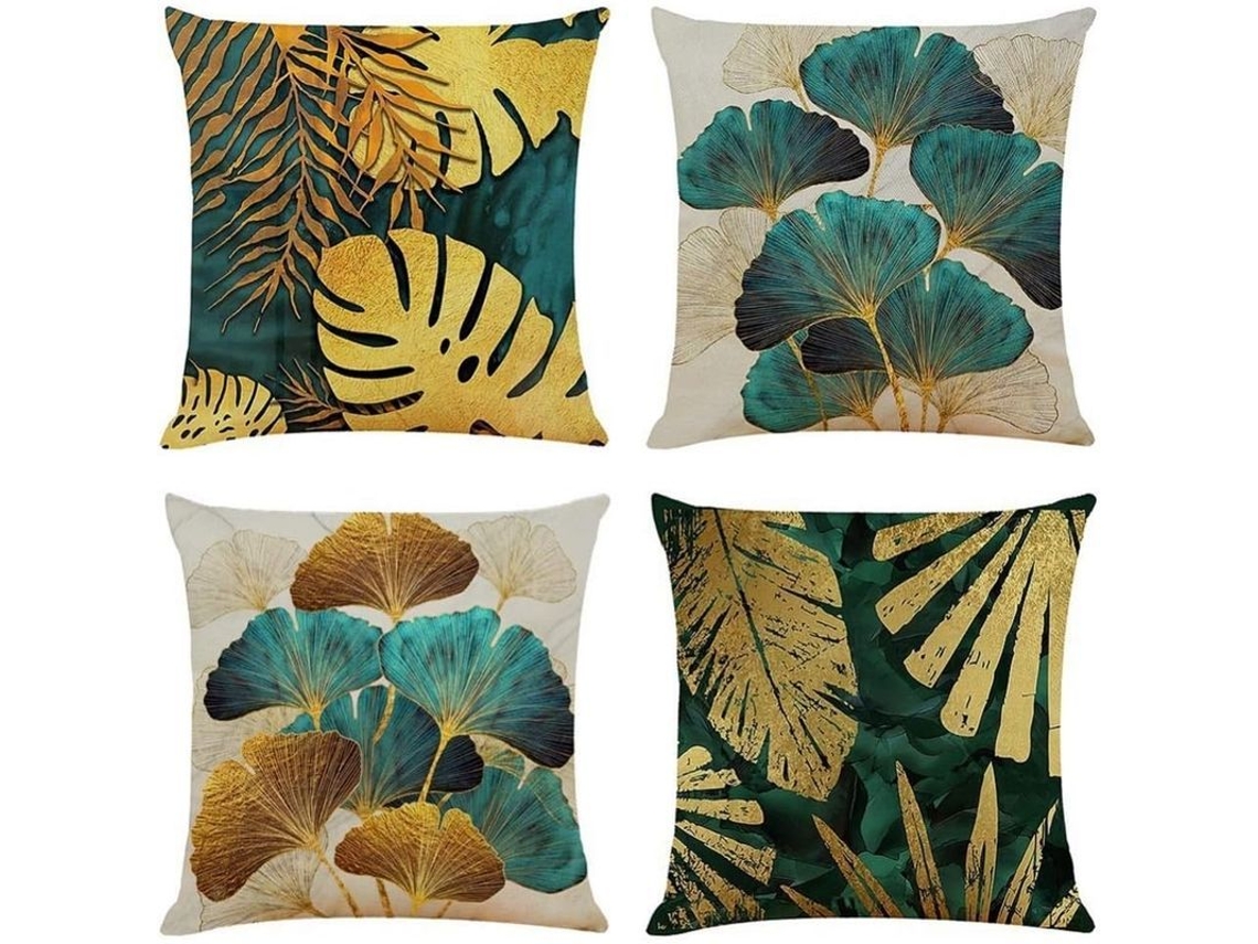 Funda De Almofadas De Folhas Verdes E Douradas, Pacote De 4, 45x45 Cm, Tecido Macio, Para Sala E Sofá