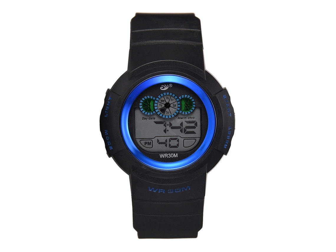 Relógio esportivo eletrônico com pulseira de silicone, estilo casual, resistente à água até 3 ATM, azul.
