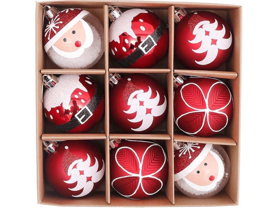 9 Bolas Navideñas 6cm, Decoración De Árbol De Navidad, Rojo Y Blanco Con Papá Noel Dibujado A Mano, Plástico Ligero Y Antigolpe
