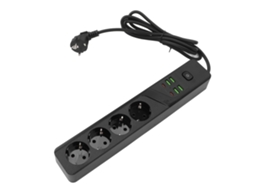 Extensão elétrica Schuko: 4 tomadas, 4 portas USB-A, 2 interfaces adicionais, com proteção contra sobrecarga.