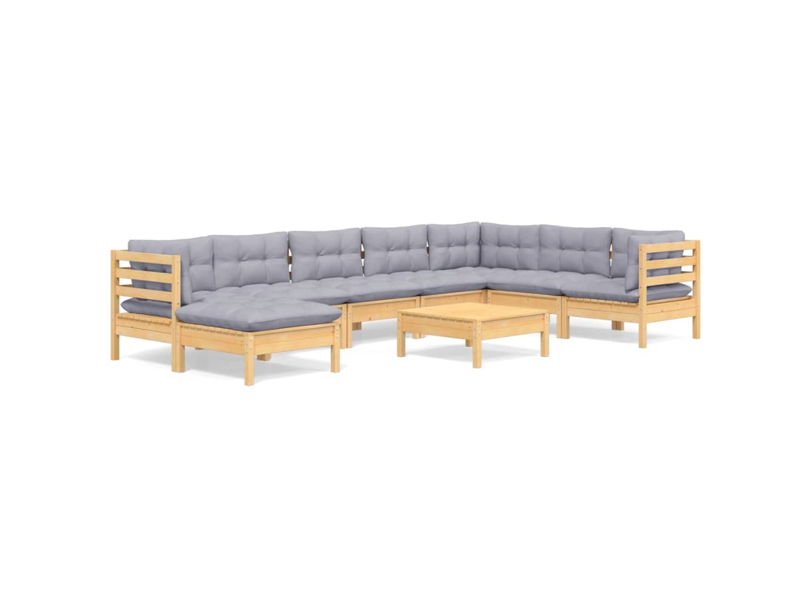 Conjunto de 9 Lounge de Jardim com Almofadões Cinza Pinho Maciço MAISON EXCLUSIVE