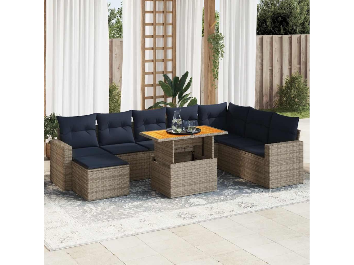 Vidaxl 9 Pcs Conjunto Sofás P/ Jardim Com Almofadões Vime Pe Cinzento