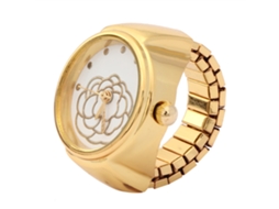 Relógio Anel Feminino Quartzo Mostrador Redondo Padrão Flor de Rosa Dourado