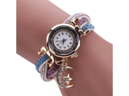 Relógio Pulseira Feminino de Quartzo com Camadas de Pedras e Pingente Lua Estrela Branco