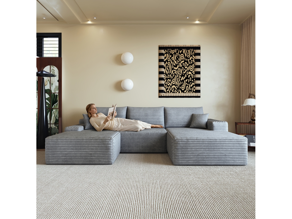 Sofá De Canto L Modular 270 Cm Com Chaise Longue, Assento Profundo, Moderno, Sem Montagem, Cinzento