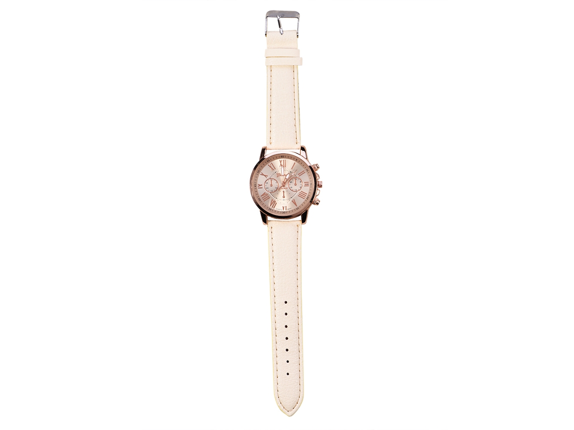 Relógio Analógico Feminino de Pulso com Correia Pu Bege Estilo Casual Elegante