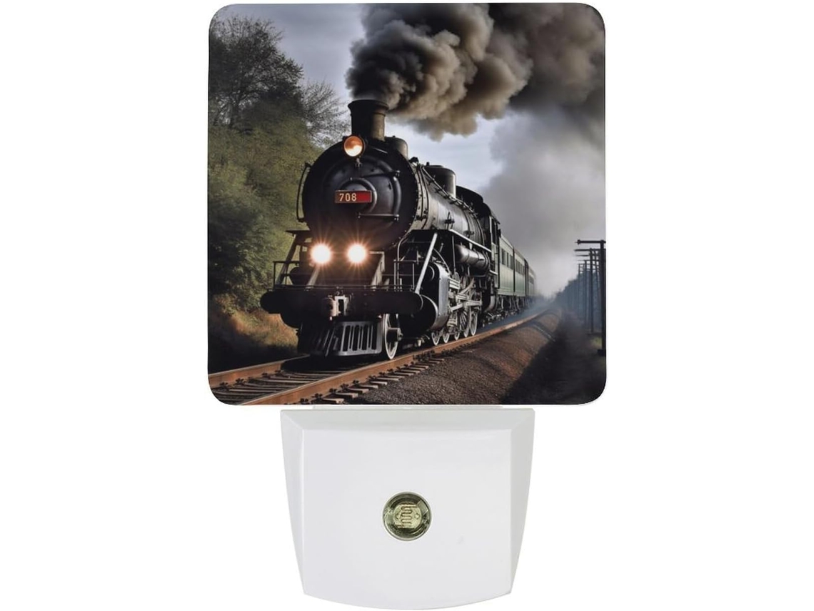 Luminária de Parede em Formato Trem Vapor, Com Sensor Crepuscular, Luz Led Branca Quente, Econômica, Ideal Quarto