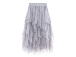 Saia Longa Tule Mesh com Cintura Elástica Feminina Estilo Fresco e Doce Tamanho 62 102cm Cinza