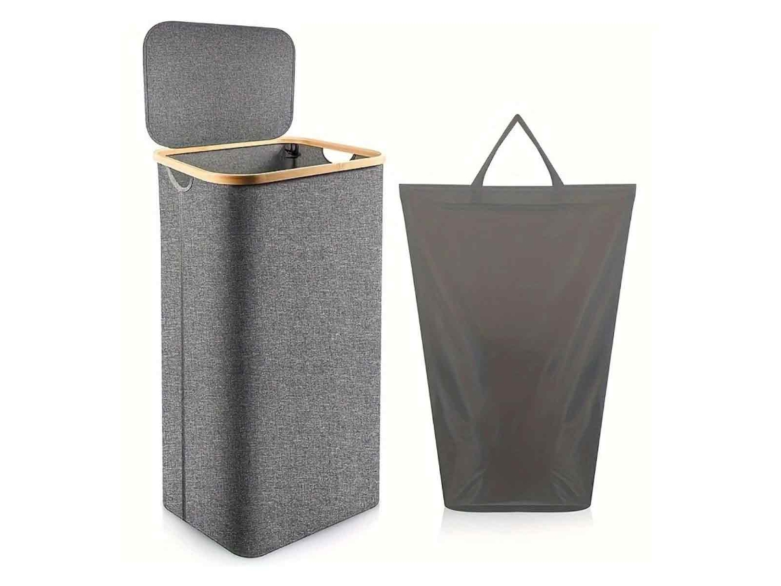 Cesto De Roupa Suja Com Tampa, Independente Com Grande Capacidade, Alça De Bambu E Saco Interno Removível, Impermeável E Durável, Cinza