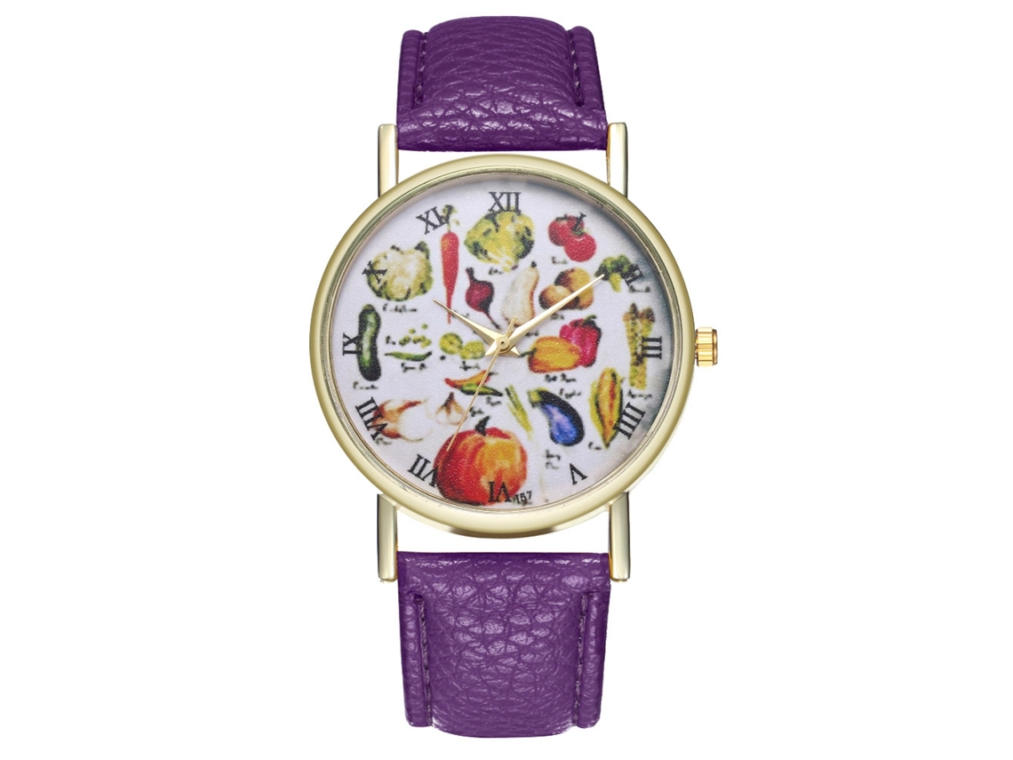 Reloj De Mujer Zhoulianfa Con Diseño De Frutas, Cuadro Redondo, Correa De Pu, Cuarzo Analógico (morado)