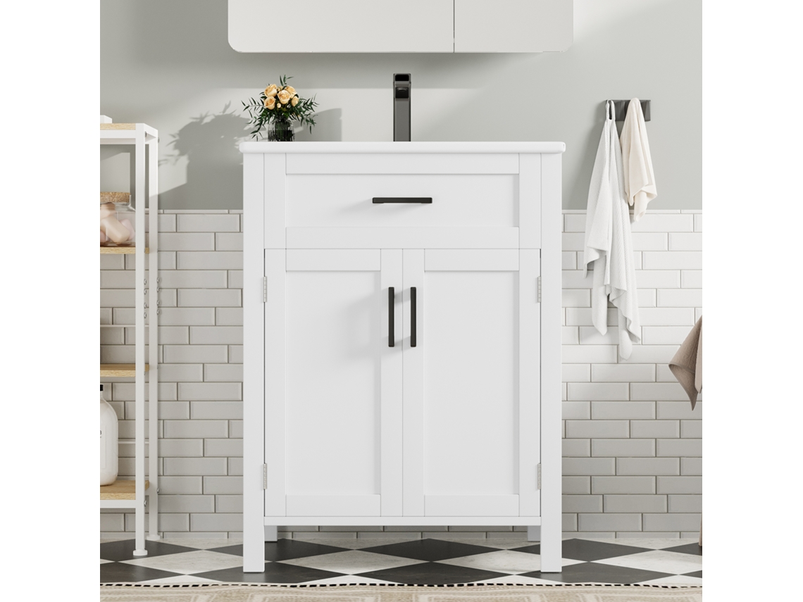 Móvel De Casa De Banho Com Pés Com Lavatório Em Cerâmica 2 Portas 60x46x85cm Branco Estilo (torneira Não Incluída)