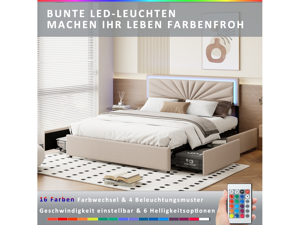 Cama de Casal 160x200 Cm com Arrumação, Estofada em Linho, 4 Gavetas, Cabeceira Macia, Mesa de Cabeceira com Candeeiro, Quarto, Bege SIMURQ