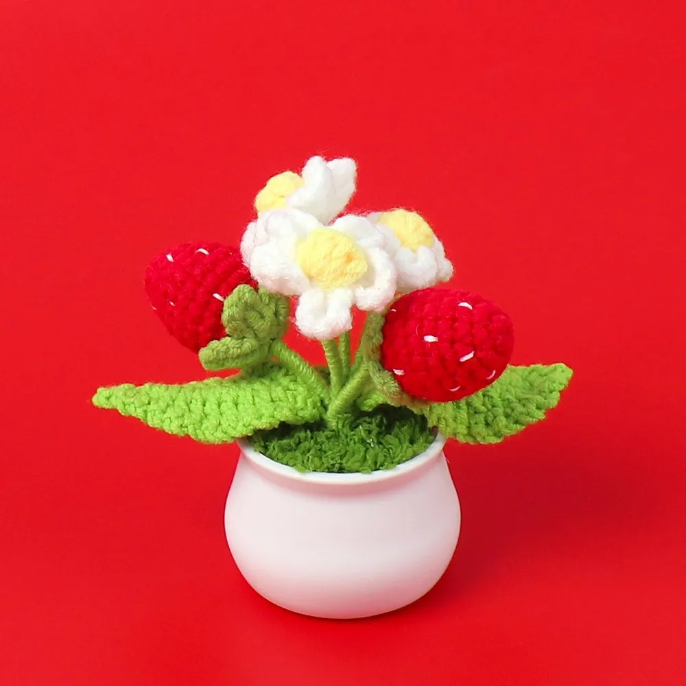Lindos Vasos De Morango De Crochê, Flores De Tricô, Artesanato Floral Feito À Mão.