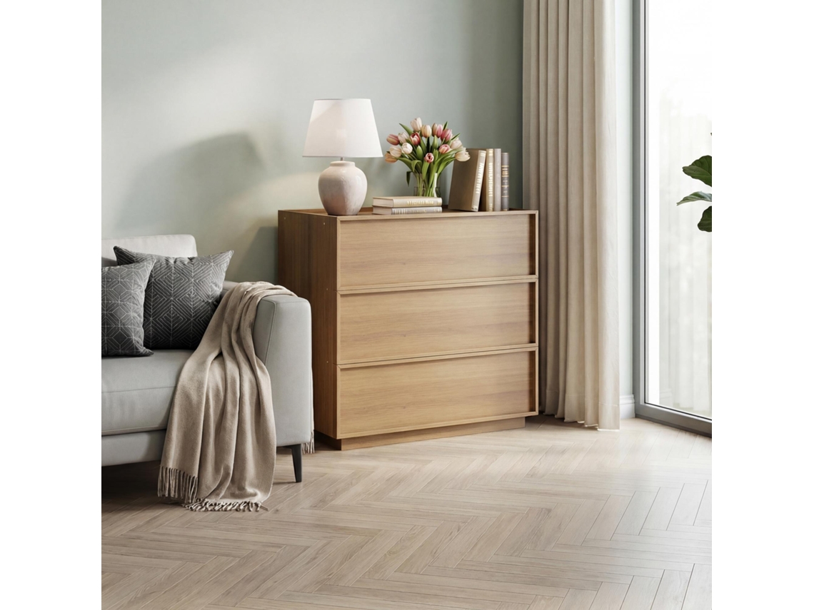 Cômoda com três gavetas, guarda-roupa/closet moderno, móvel de madeira para armazenamento, estilo penteadeira, ideal para sala de estar.