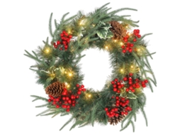 Coroa De Natal 60cm Com 35 Leds E Timer Com Pinhas E Azevinho Na Verde