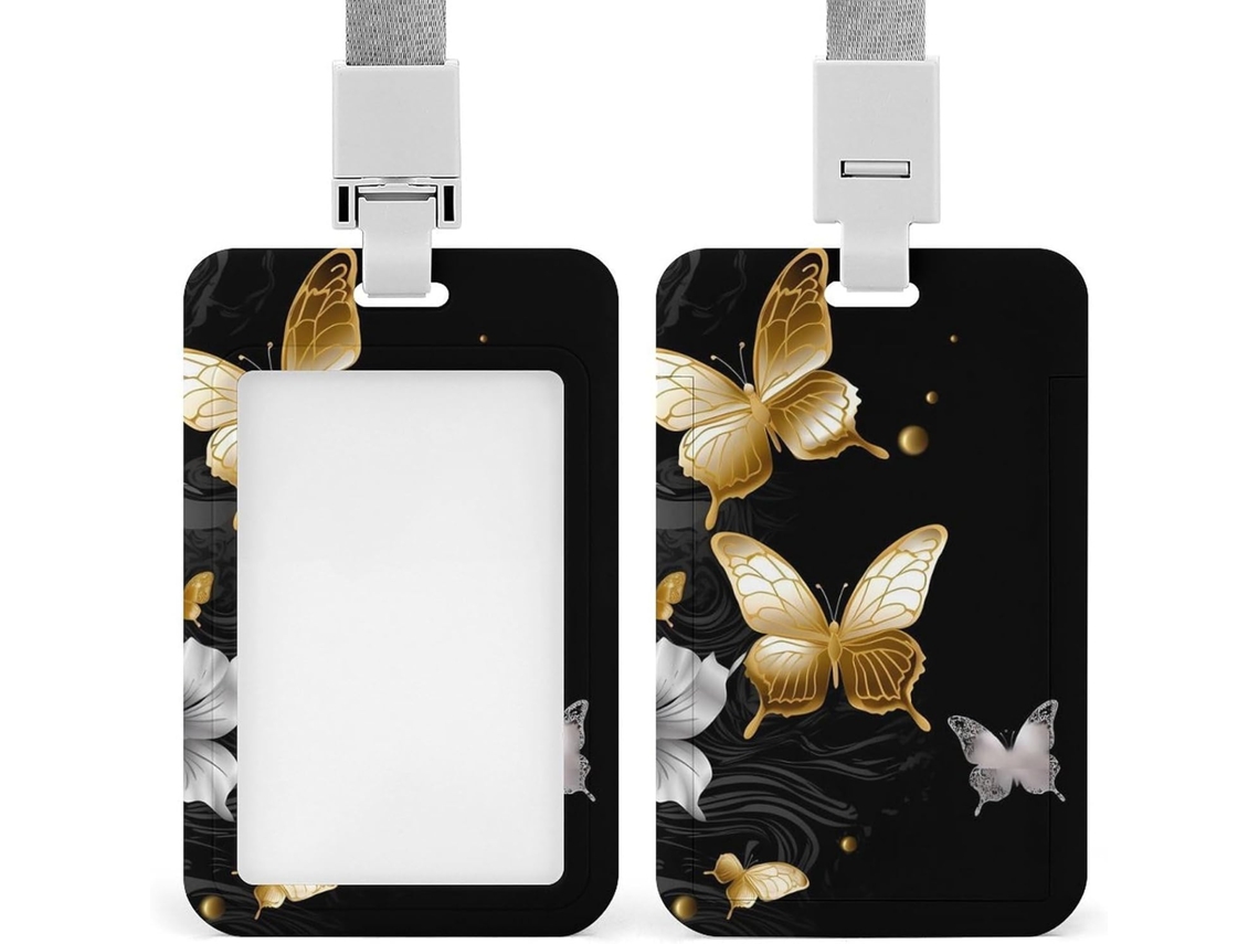 Suporte Borboleta Crachá Preto e Branco, Preto, Protetor Crachá, Capa Vertical com Cordão, Capa de Plástico Impermeável