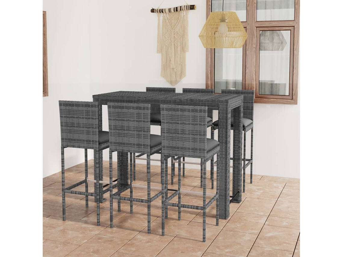 7 Pcs Conjunto De Bar Exterior C/ Almofadões Antracite Vime Pe Dkd Home Decor