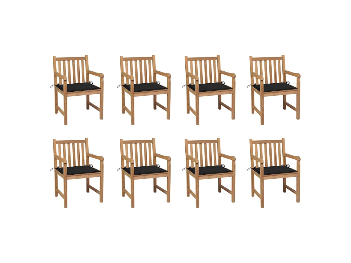 Vidaxl Cadeiras De Jardim C/ Almofadões Preto 8 Pcs Teca Maciça