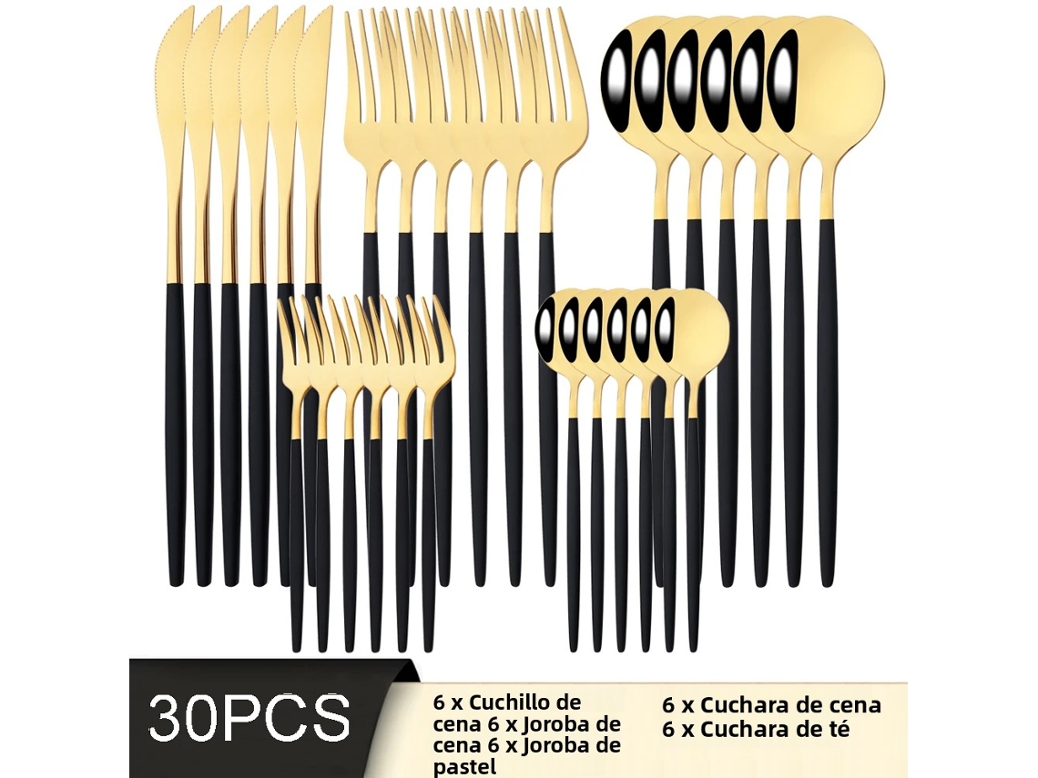 Conjunto de Talheres de Aço Inoxidável com 30 Peças: Faca, Garfo, Colher, Talheres e Utensílios de Prata. MDUG (black Gold)