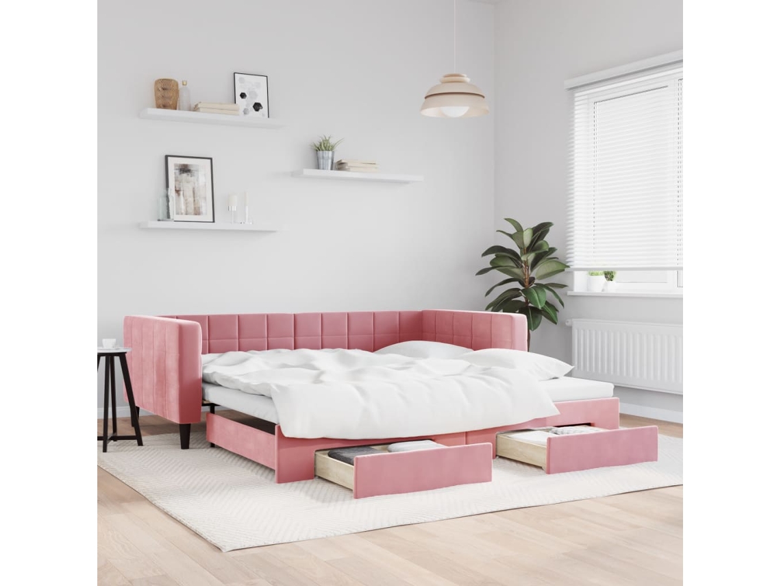 Sofá-cama Com Gavetão E Gavetas 100x200 Cm Veludo Rosa