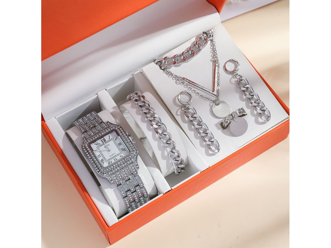 Conjunto de Presente, 5 piece Presente Feminino, Pulseira de Aço com Diamantes, Relógio, Colar, Brincos, Anel e Caixa de Presente SPQMENT (prateada)