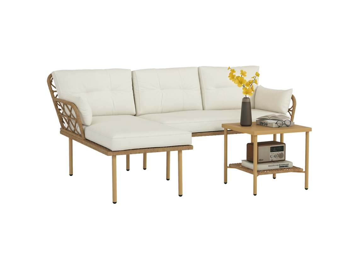 Conjunto de Jardim de 3 Peças com Chaise Longue. Sofá. Almofadas e Mesa de Centro. em Rattan e Aço. Branco Creme e Madeira Ge