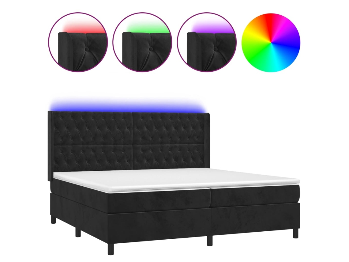 Cama Box Spring VIDAXL Colchão/LED (Preto - Veludo - 200 x 200 cm)
