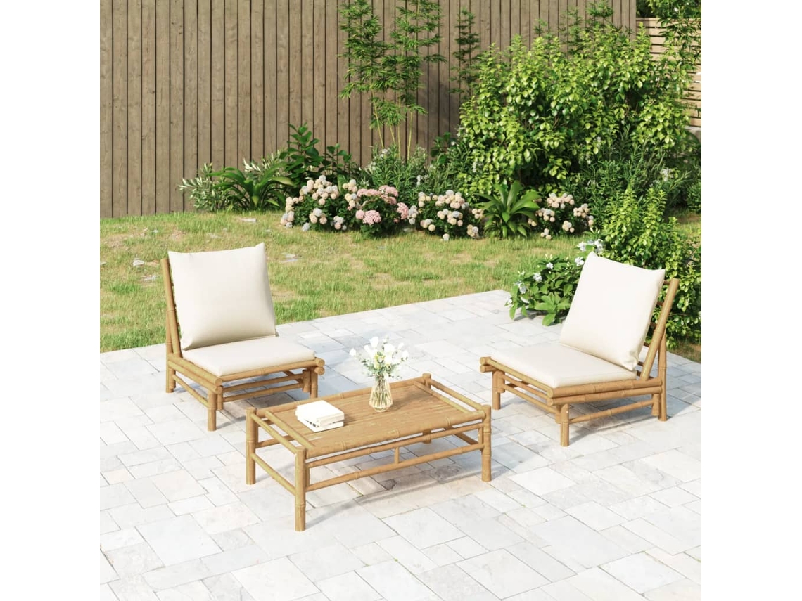 Vidaxl 3 Pcs Conjunto Lounge De Jardim Bambu C/ Almofadões Branco Nata