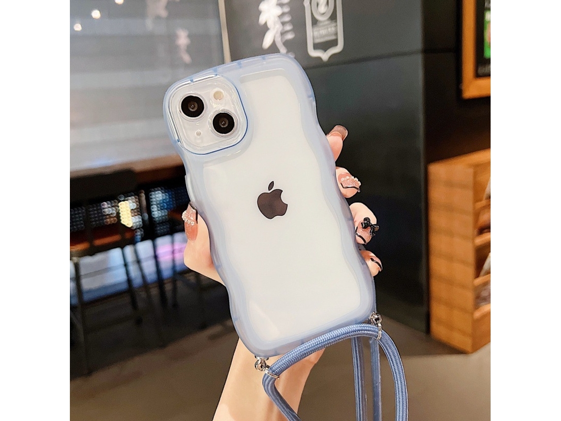 Capa Para Iphone 17 Pro Azul Celeste Com Estampa De Ondas, Alça Transversal Transparente.