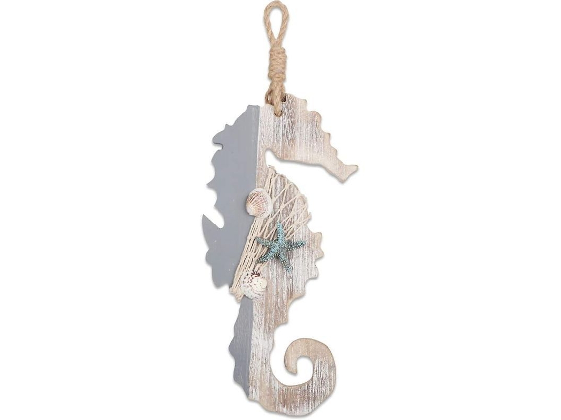 Nova Line decoração Marinha Cavalo marinho de Madeira 30cm com Estrela do mar e Conchas para Parede Ou Porta