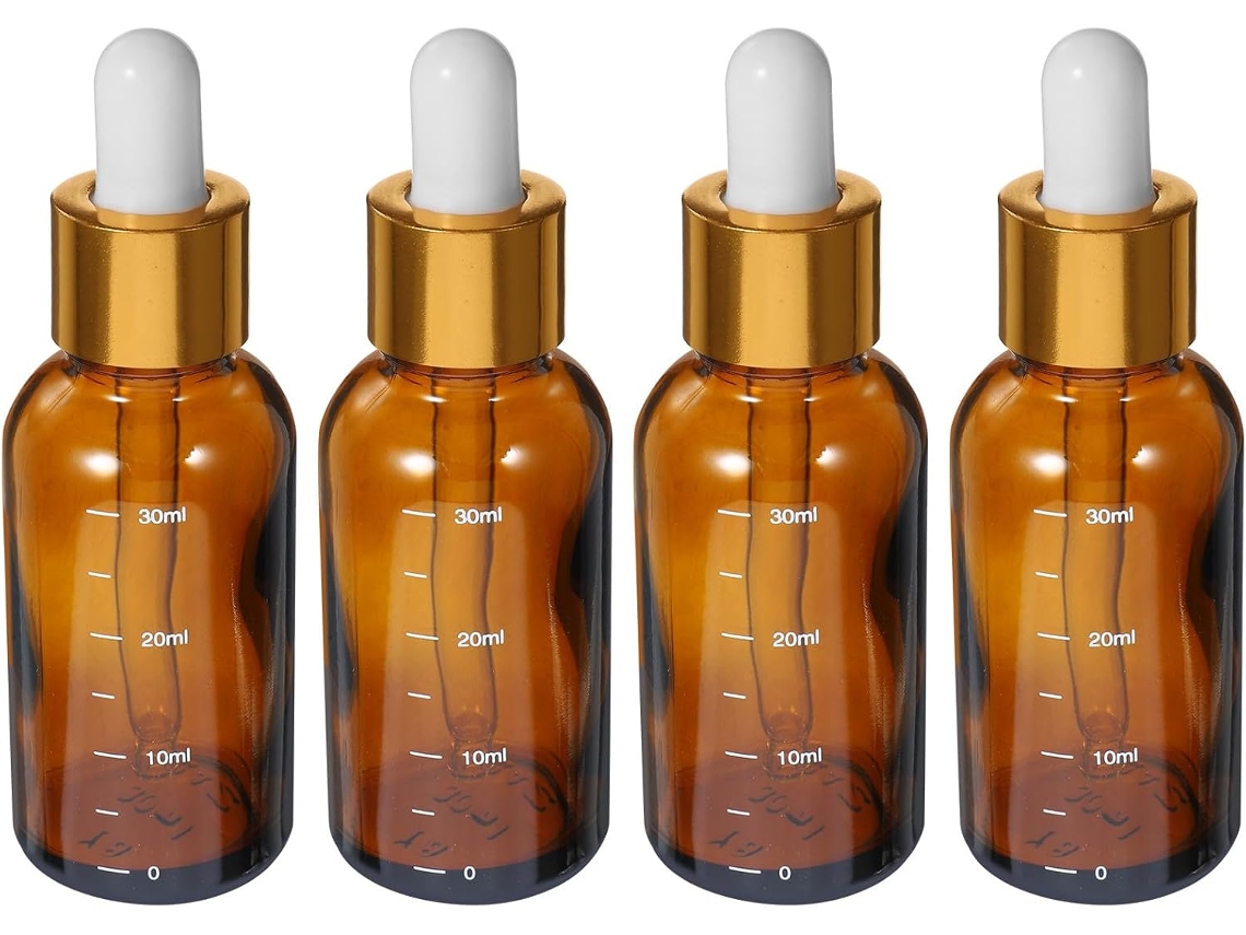 Conjunto de 4 frascos conta-gotas de vidro âmbar de 30ml, compactos e recarregáveis.
