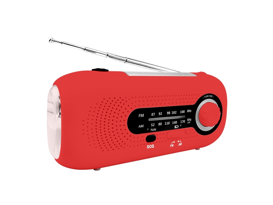 Rádio de emergência Lurelia AM/FM 2000mAh com manivela solar, USB-C, SOS e lanterna (4 modos), vermelho