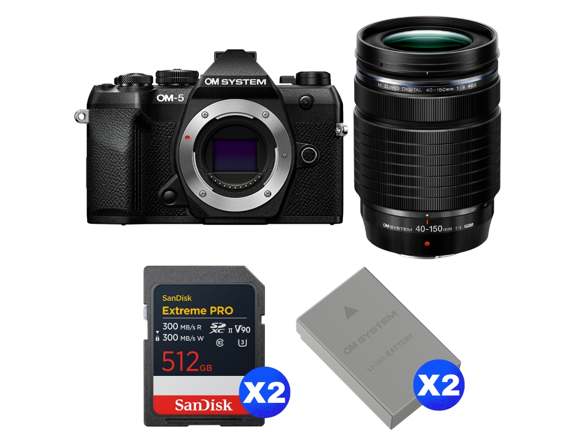 Om 5 Mark Ii Preto + 40 150mm F/4 Pro + 2 Sandisk 512gb Extreme Pro Uhs ii Sdxc + 2 Om System Bls 50 + Ebook Pricedirect OM SYSTEM