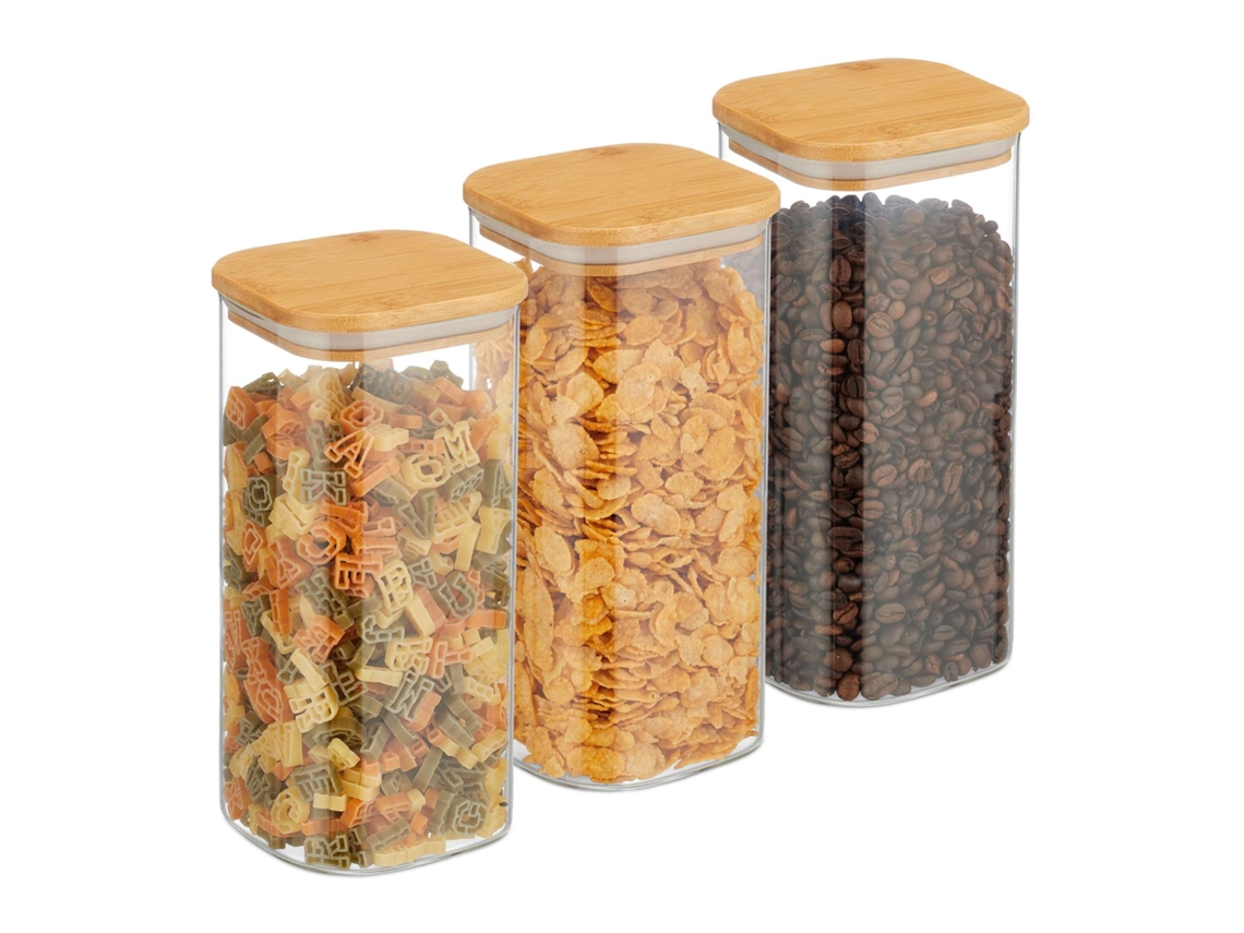 Conjunto Com 3 Potes De Vidro Com Tampas Herméticas De Bambu
