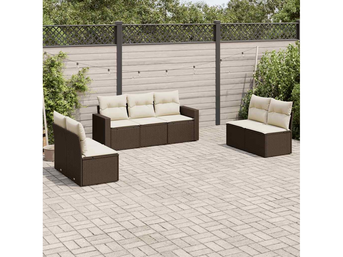 Conjunto de Sofás 7 Peças Jardim C/ Almofadões Vime Pe Castanho Dkd Home Decor