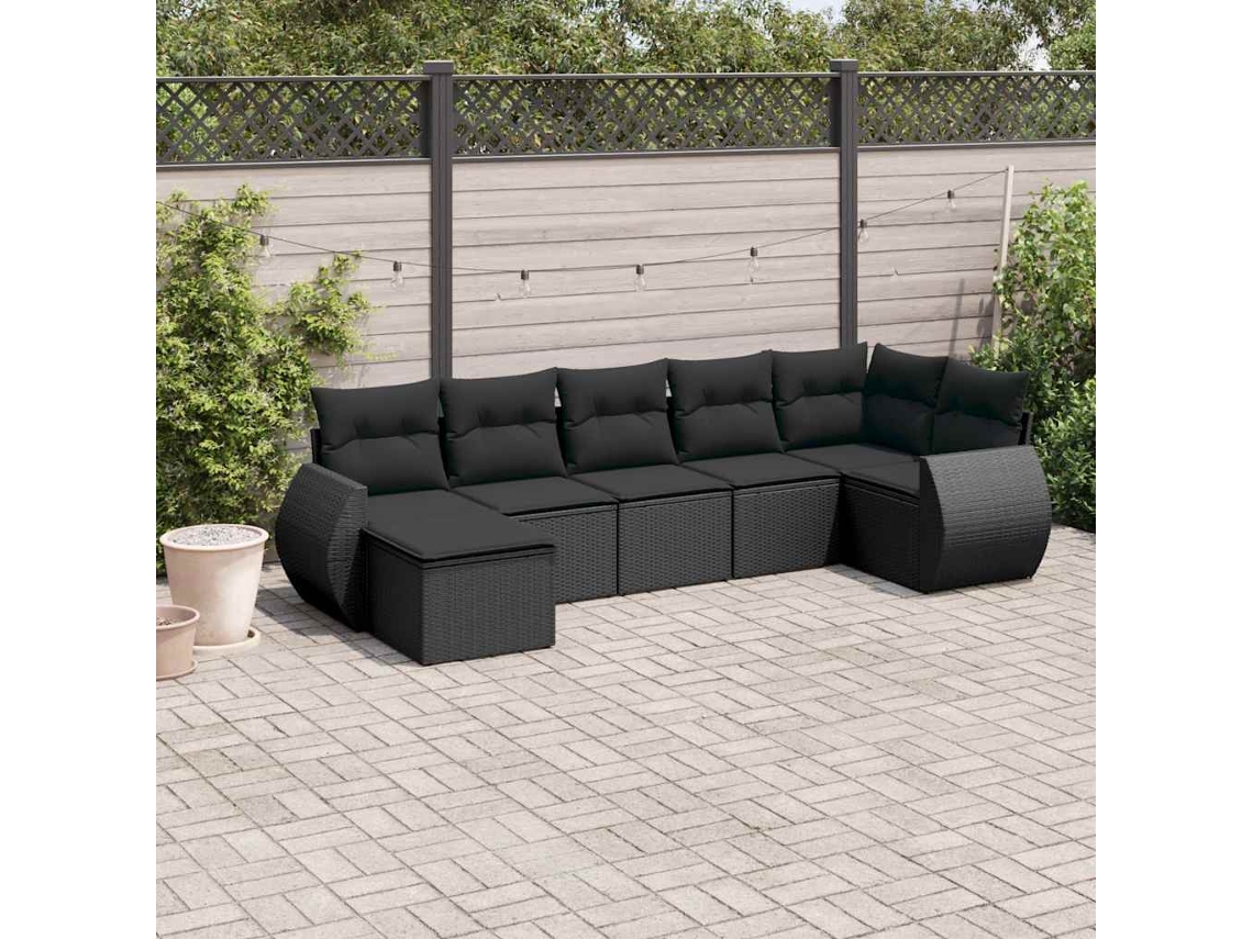 Vidaxl 7 Pcs Conjunto De Sofás P/ Jardim C/ Almofadões Vime Pe Preto