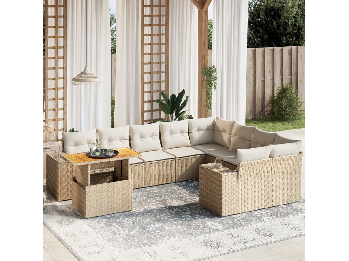 Vidaxl 10 Pcs Conjunto De Sofás P/ Jardim Com Almofadões Vime Pe Bege