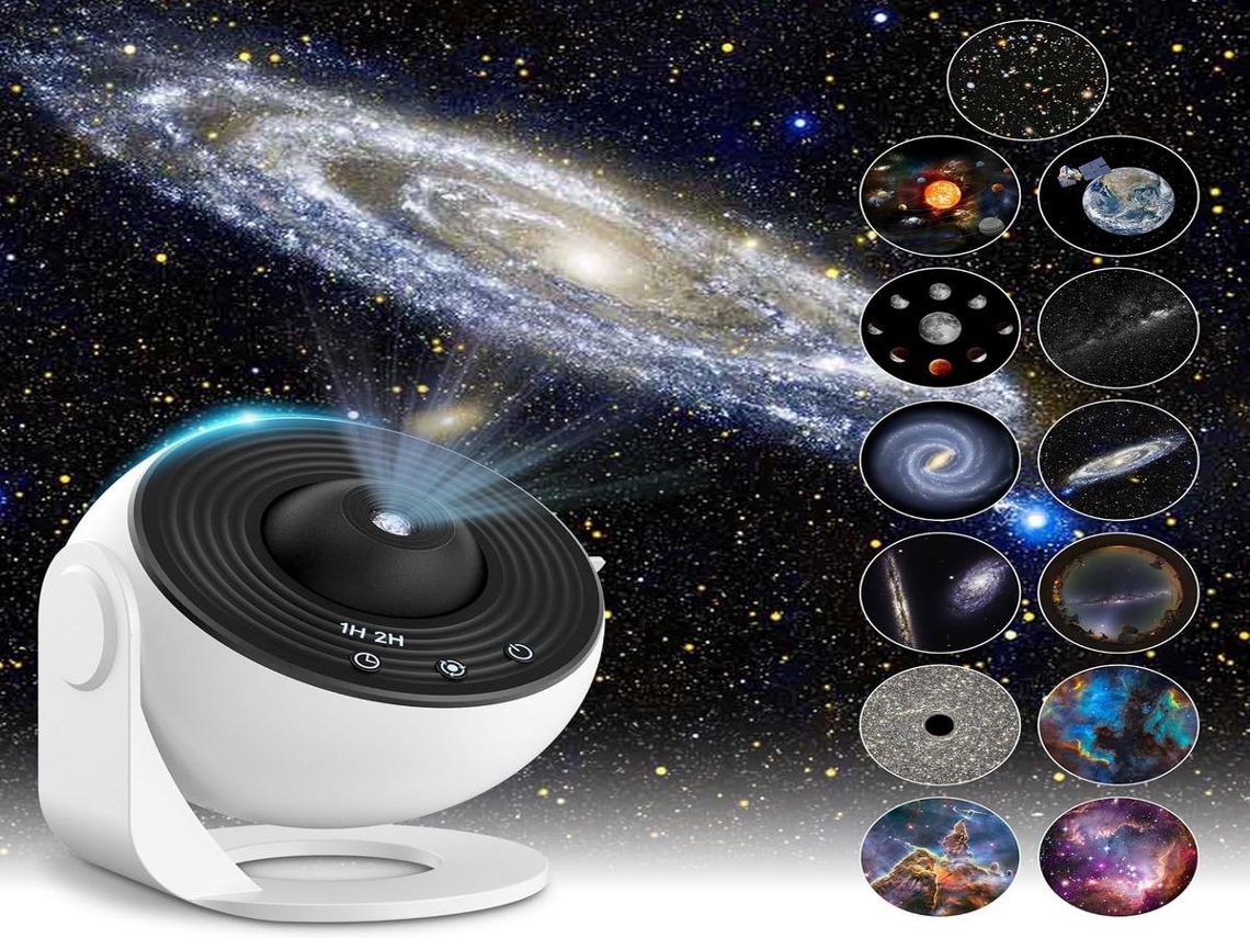 Projetor planetário LED Lurelia com 12 discos HD, foco ajustável e temporizador.