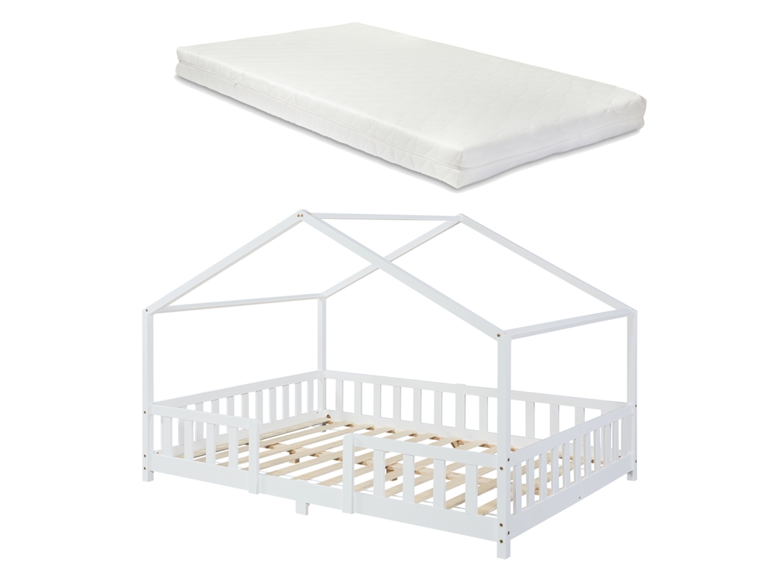 Cama de Criança Treviolo em Forma de Casa em Pinho com Colchão 140X200 Cm Branco Mate En.Casaneu.Haus
