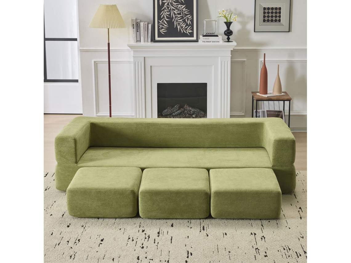 Sofá Modular De 3 Lugares - Com 3 Apoios Para Os Pés, Espuma De Alta Elasticidade, Chenille, Ideal Para Estúdios E Escritórios - Verde