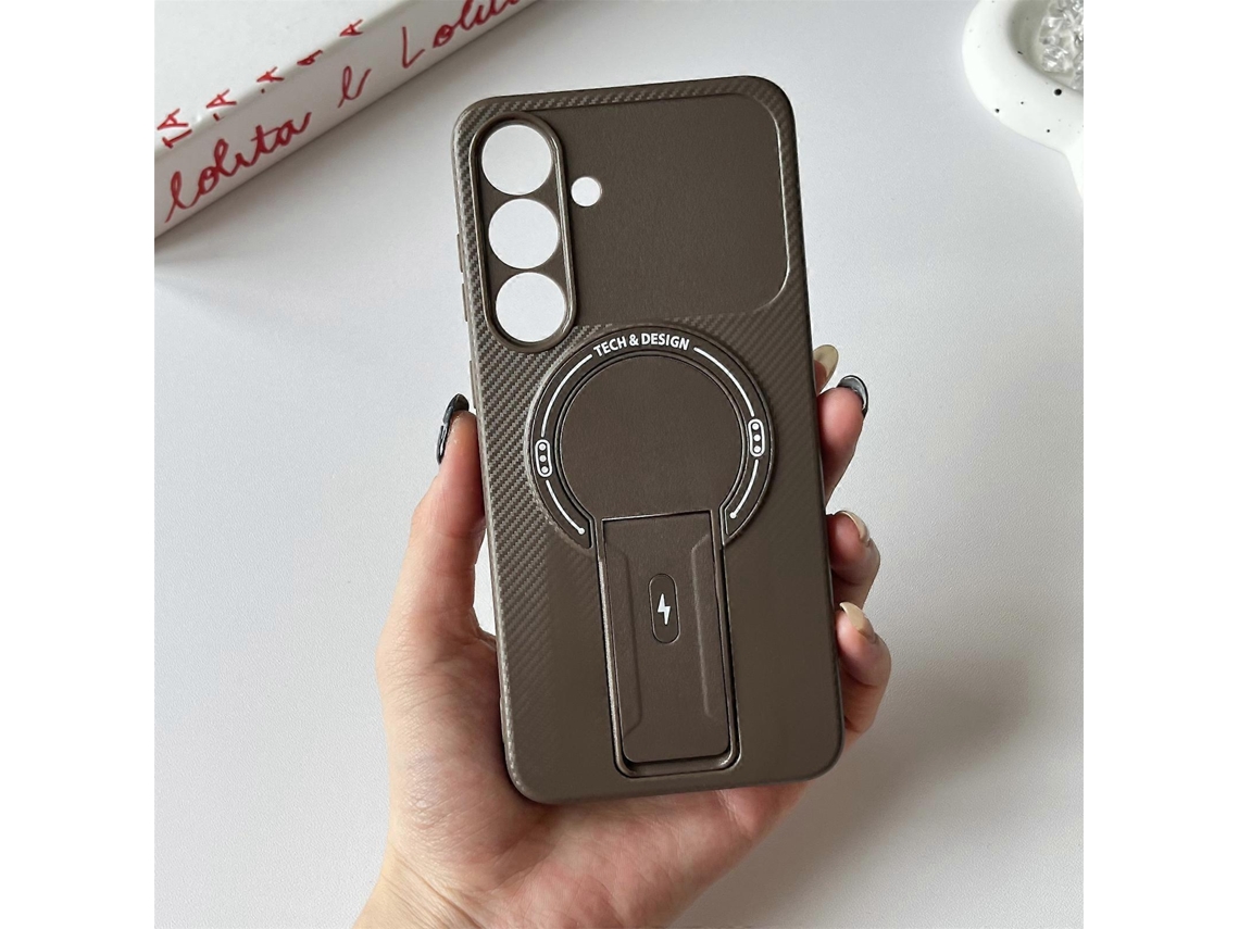 Capa Tkdaddy Para Samsung Galaxy S25 Fe Com Suporte, Textura De Fibra De Carbono, Pc Capa De Tpu Marrom