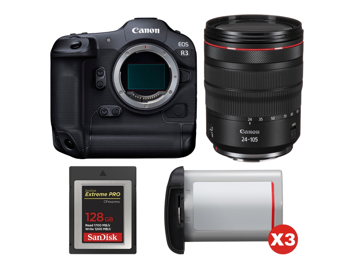 Eos R3 + Rf 24 105mm F/4 L Is Usm + 1 Sandisk 128gb Extreme Pro Cfexpress Type B + 3 Canon Lp e19 + Ebook “20 Dicas para Fotos Que Impressionam” CANON