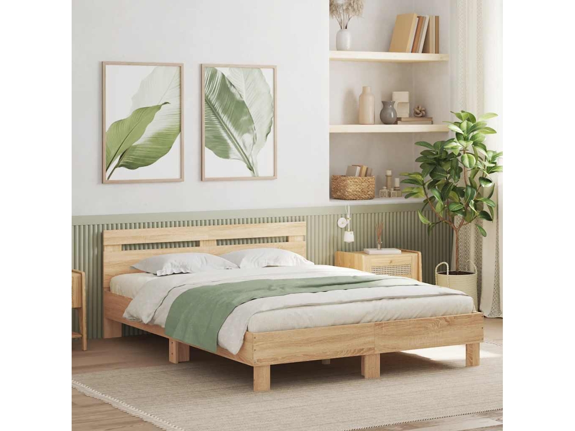 Vidaxl Estrutura Cama C/ Cabeceira Derivados Madeira Carvalho Sonoma
