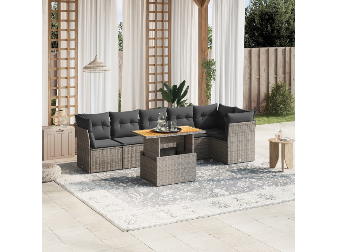 Jogo 7 Peças Sofás P/ Jardim C/ Almofadões Vime Pe Cinza Dkd Home Decor