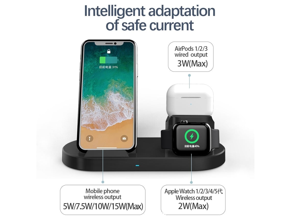 Suporte Carregador Sem Fio Por Indução Para IPhone 4 em 1 Apple Watch  Earpods - Tiburcio's Stuff