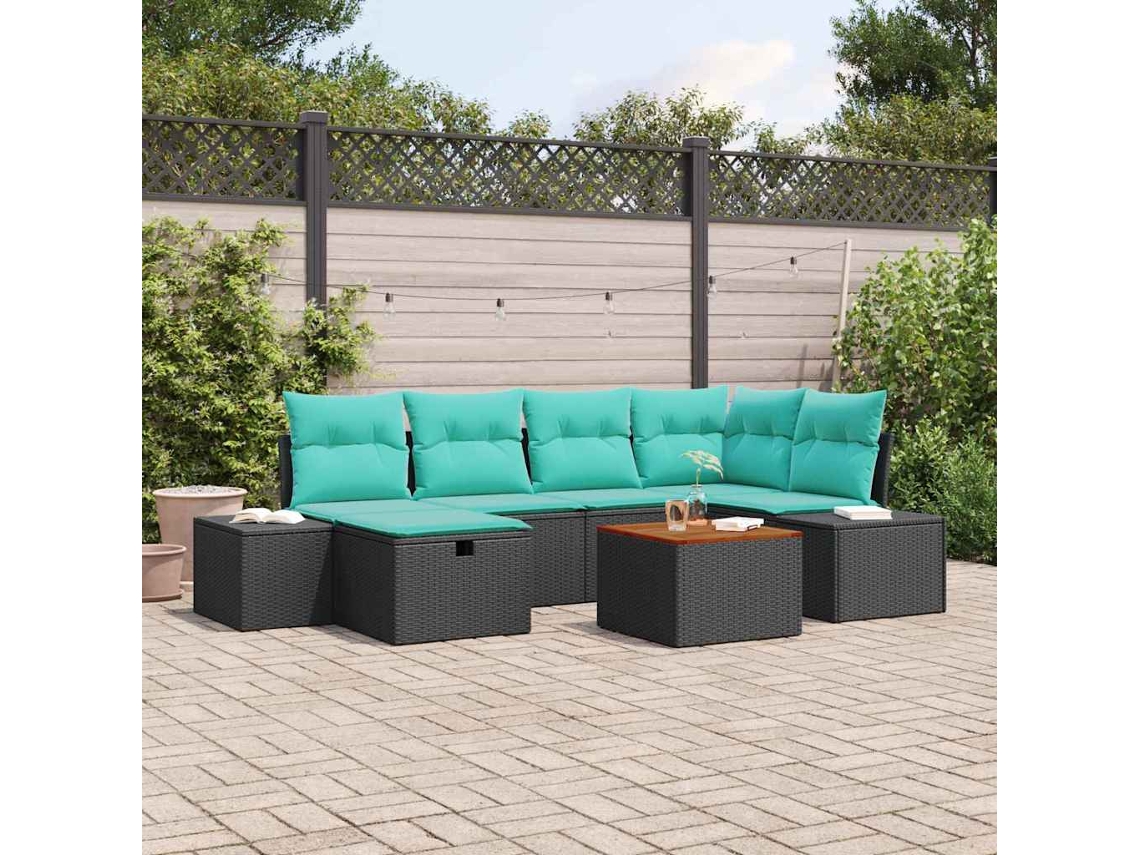 Vidaxl Conjunto De Sofá De Jardim 7 Unid. Preto Vime Pe